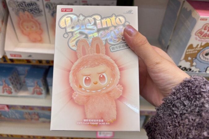 POP MARTのラブブぬいぐるみを手に持つ様子