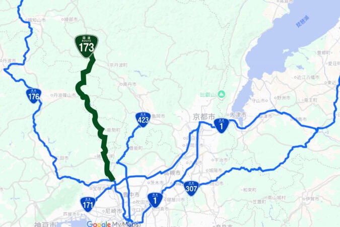 大阪市内から北大阪へ延びる国道173号の地図
